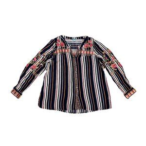 Womens Striped Floral Embroidered Boho Blouse Top Tunic Western Boho Preppy L